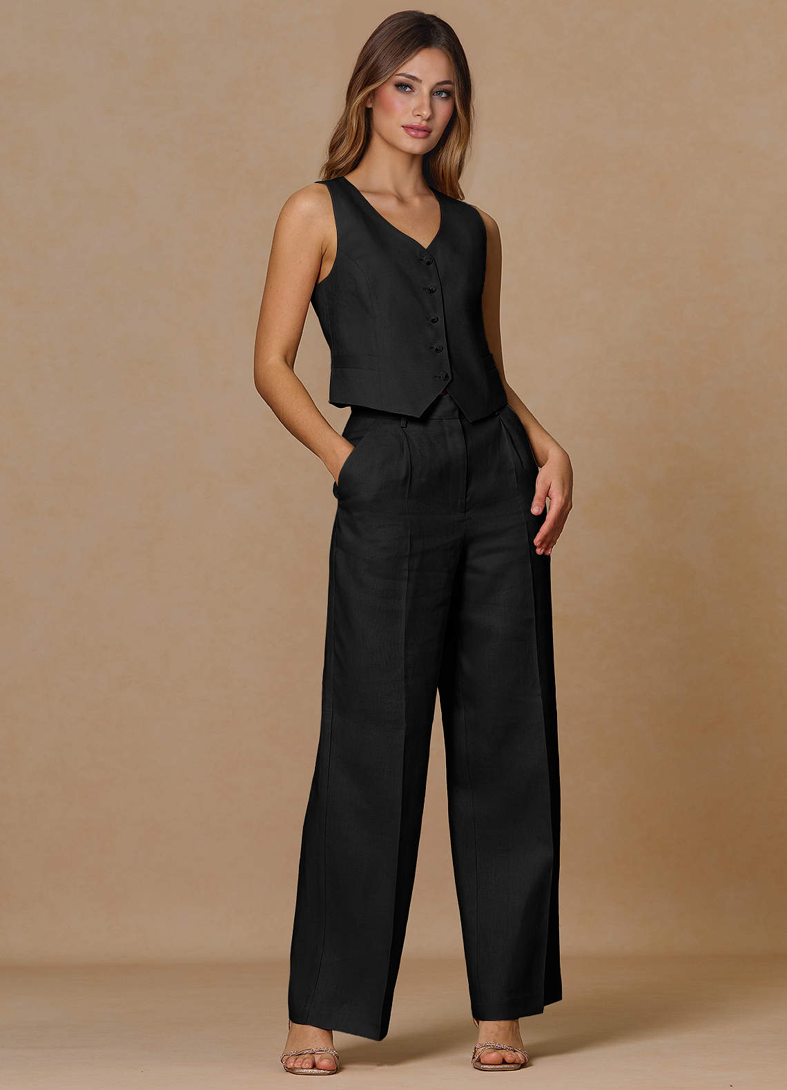 front Belicia 검은색 100% 린넨 투피스 정장