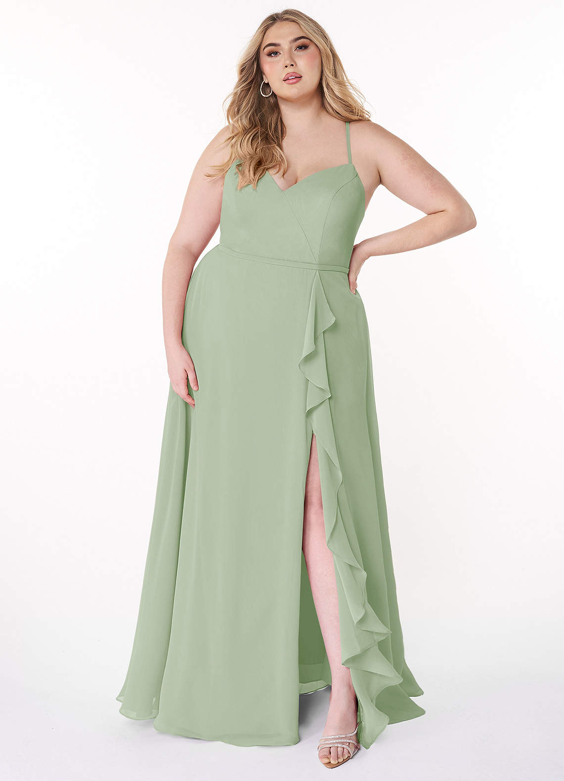 Azazie Naeem Bridesmaid Dresses Dusty Sage A-Line V-Neck Ruffle Chiffon Dress image6