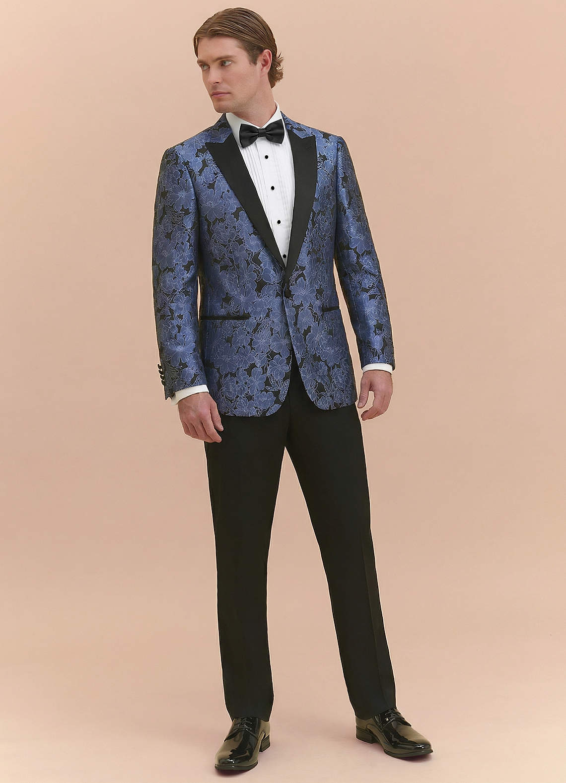 front Samuel Dusty Blue Floral Jacquard Peak Lapel Tuxedo Jacket
