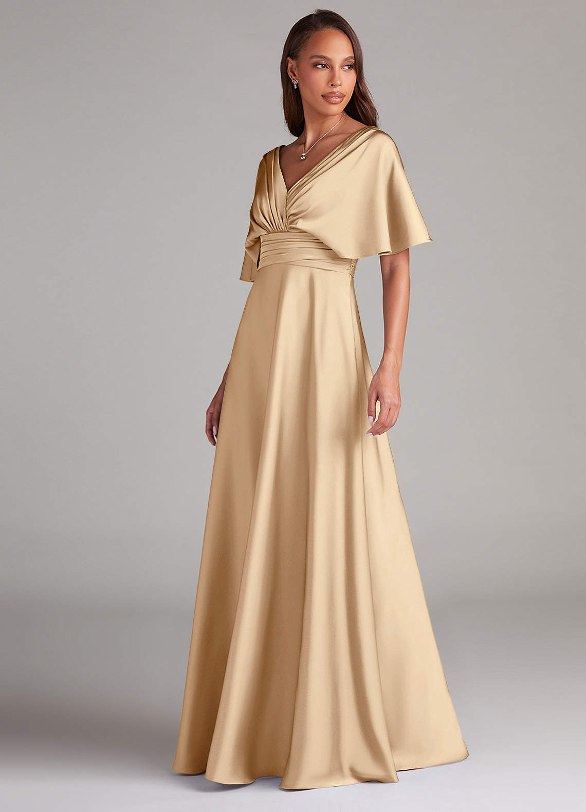 Azazie Pamela Robes de demoiselle d'honneur Robe Trapèze en Satin extensible Plissée Champagne image3