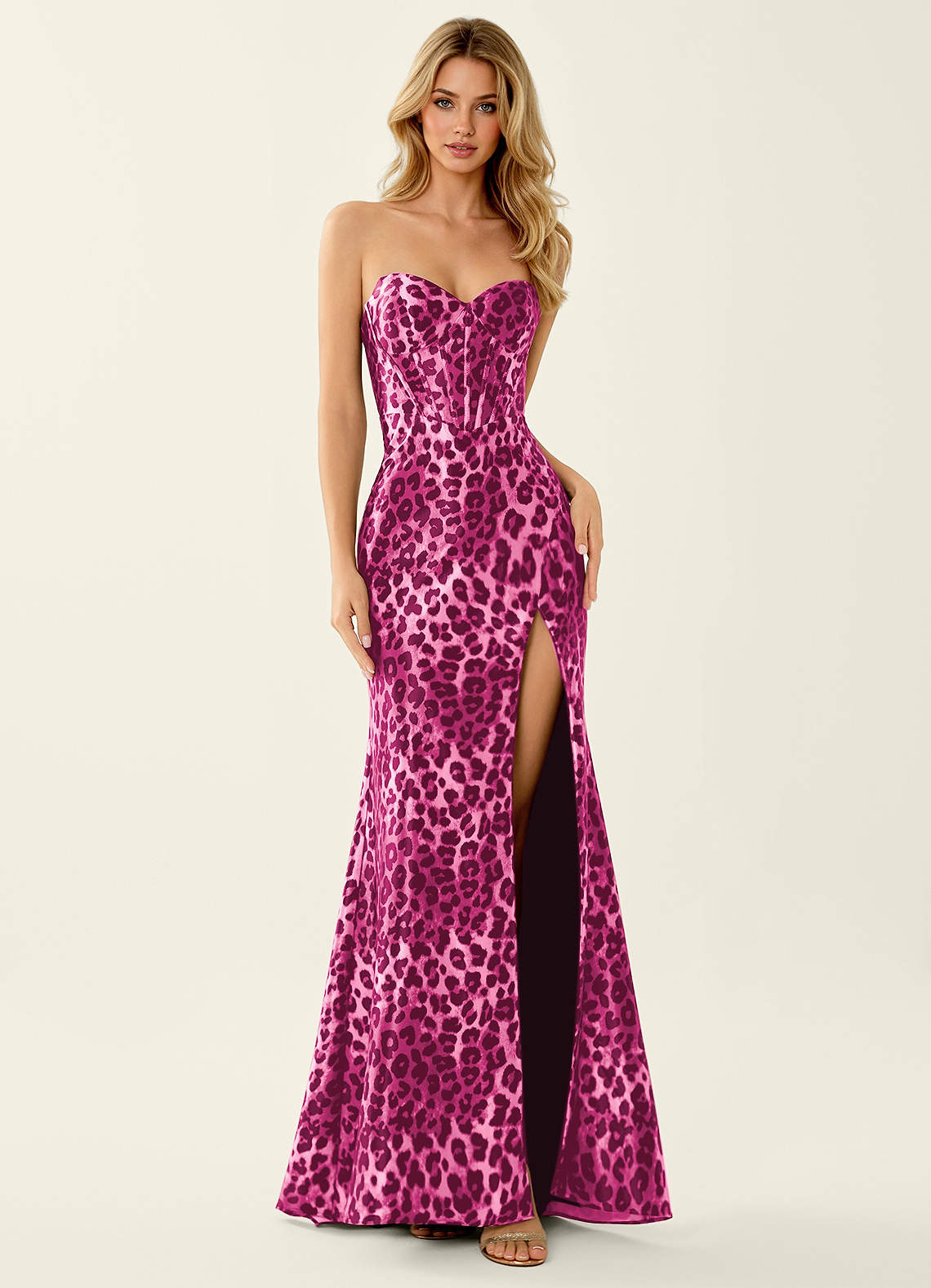 leopard print prom dress pink Isabeau Pink Corset Satin Mermaid High Slit Prom Dress