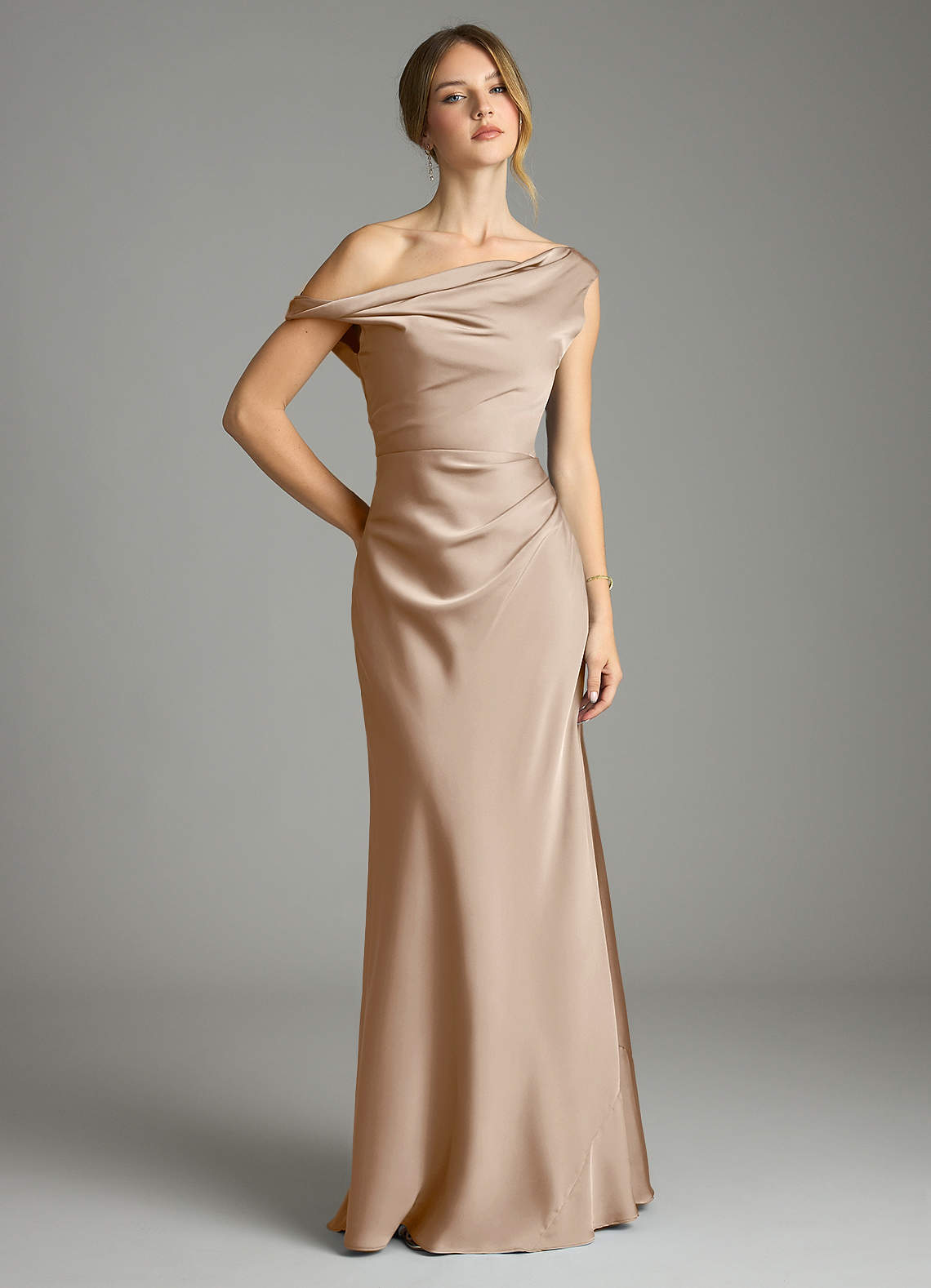 Azazie Emerson Bridesmaid Dresses Taupe Mermaid Off the Shoulder Stretch Satin Dress image1