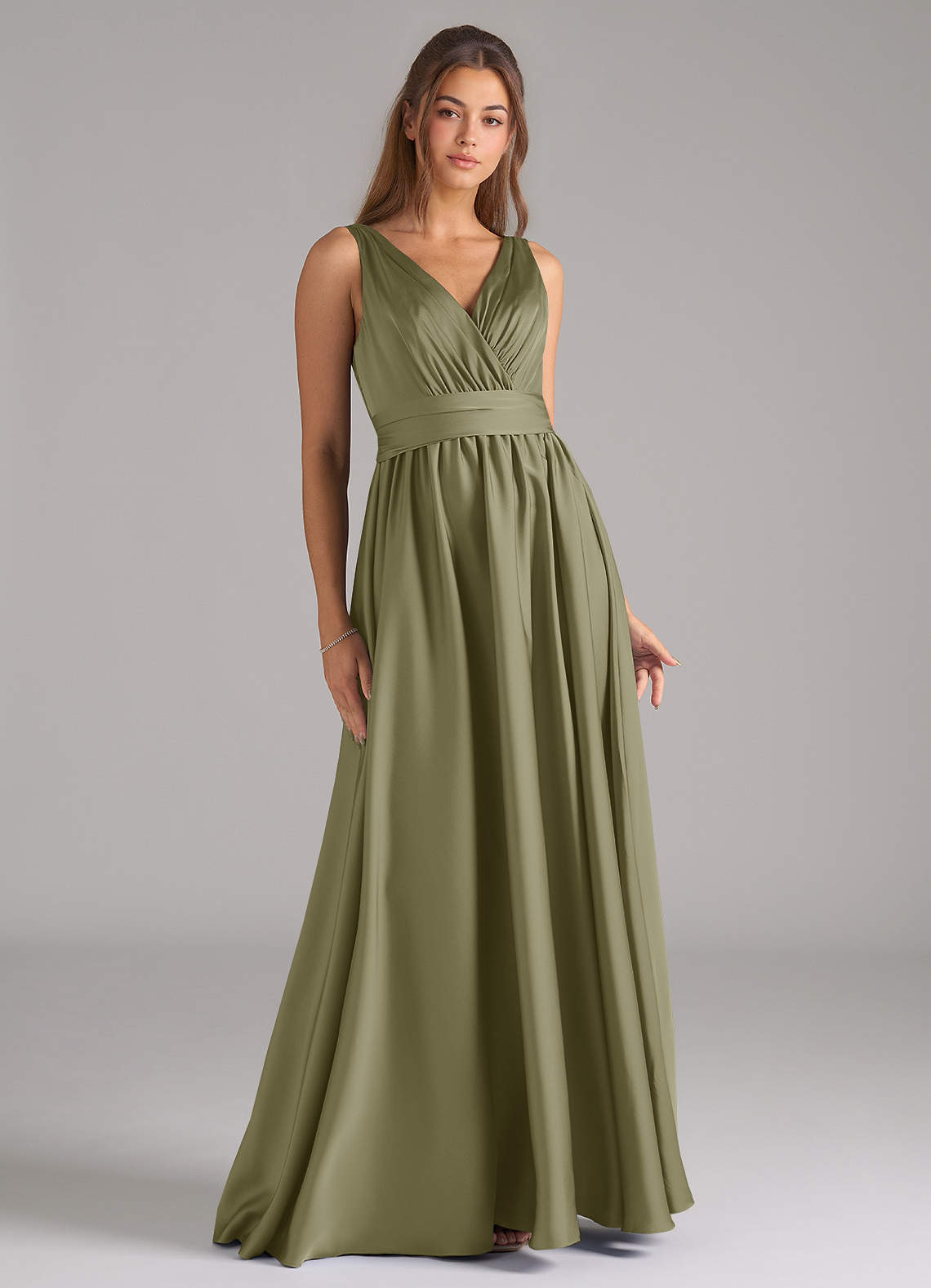 Azazie Kora Bridesmaid Dresses Pistachio A-Line Pleated Stretch Satin Dress image1