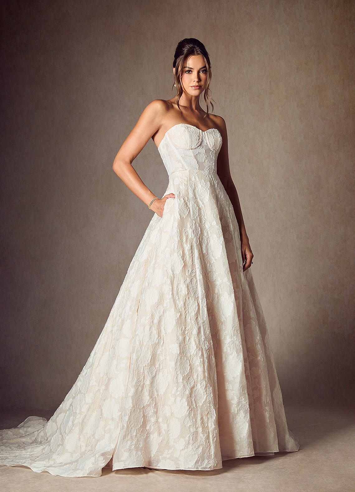 Azazie Meadow Wedding Dresses Diamond White Nude Ball-Gown Strapless Floral Burnout Jacquard Dress image1