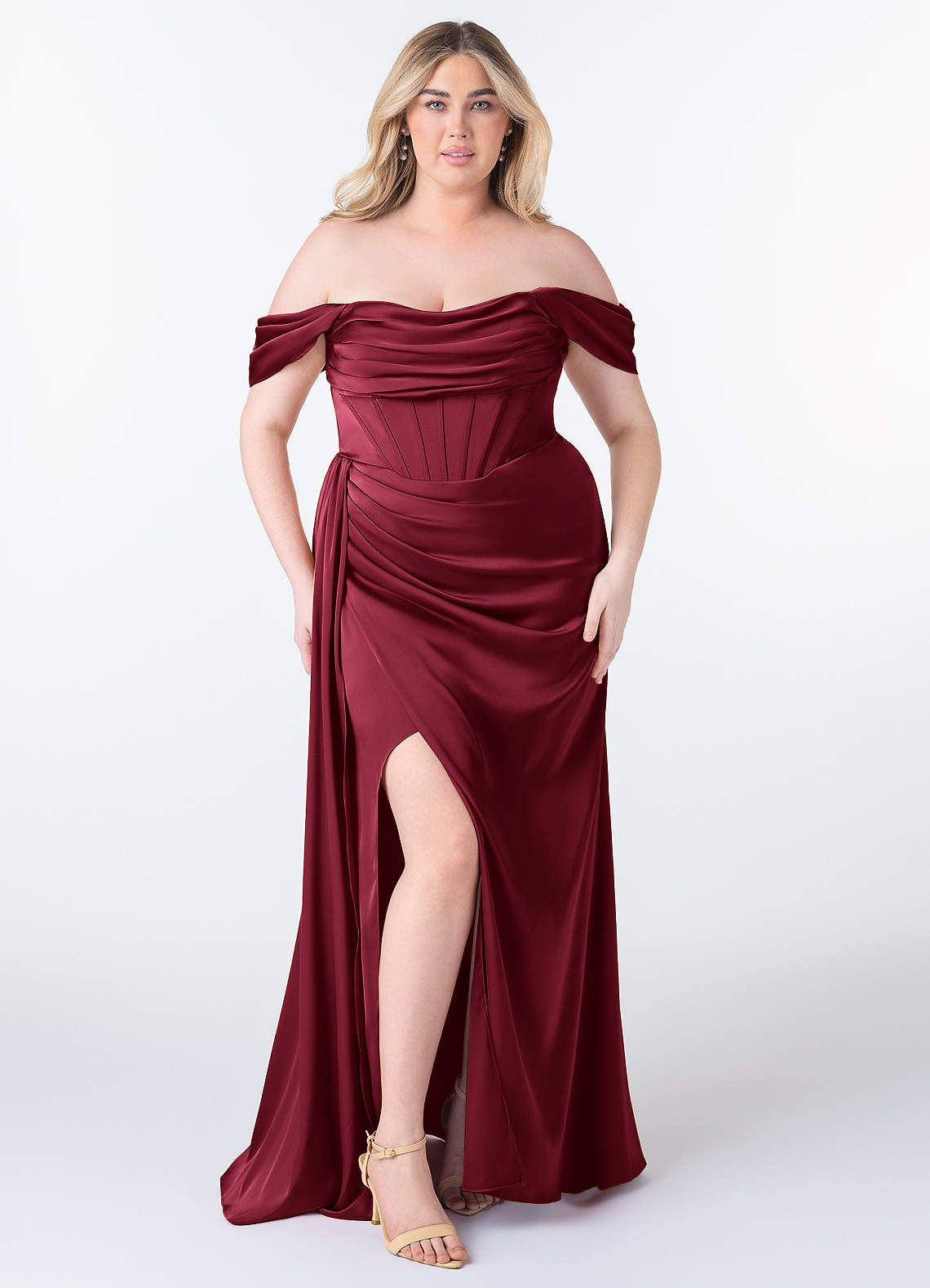 Azazie Amyra Bridesmaid Dresses Burgundy Mermaid Off the Shoulder Stretch Satin Convertible Dress image8
