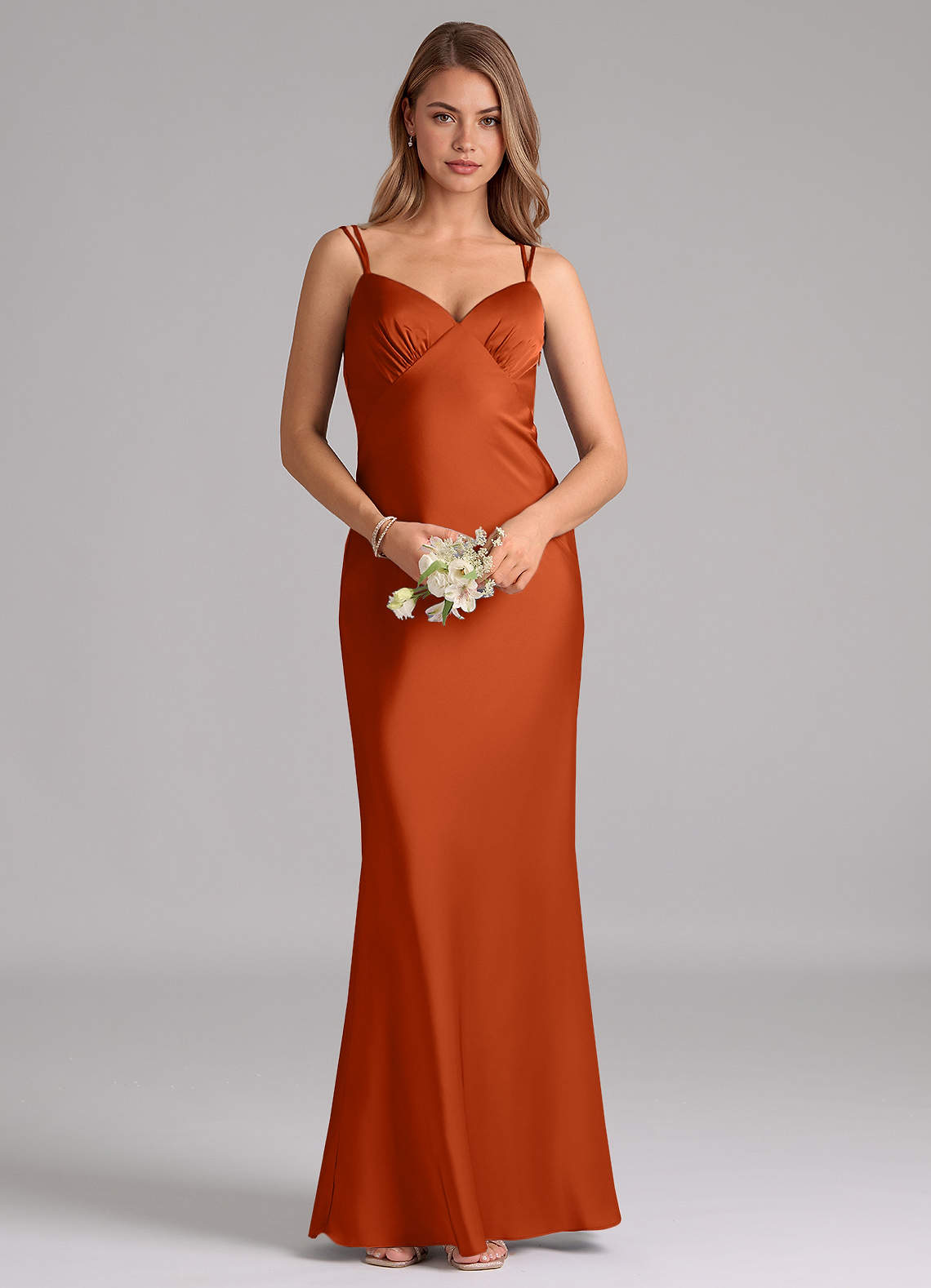 Azazie Suttona Vestidos de damas de honor Vestido de Naranja Quemada de Satén Elástico de Corte en A con Plisado image5