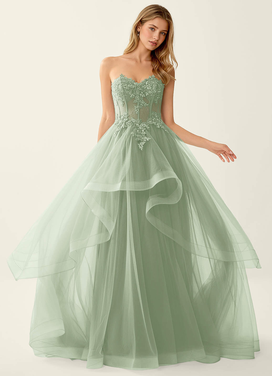 Anais Light Green Corset Lace Up Back Lace Ruffled Prom Dress Prom and  Homecoming Dresses | Azazie IE