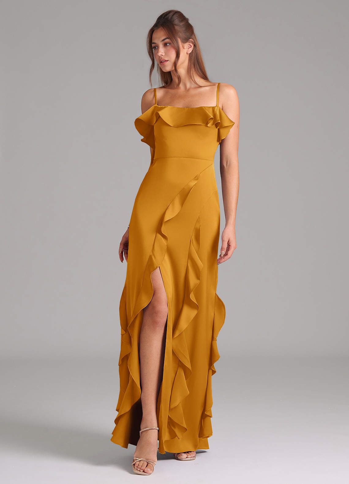 Azazie Malia Bridesmaid Dresses Butterscotch A-Line Side Slit Stretch Satin Dress image1