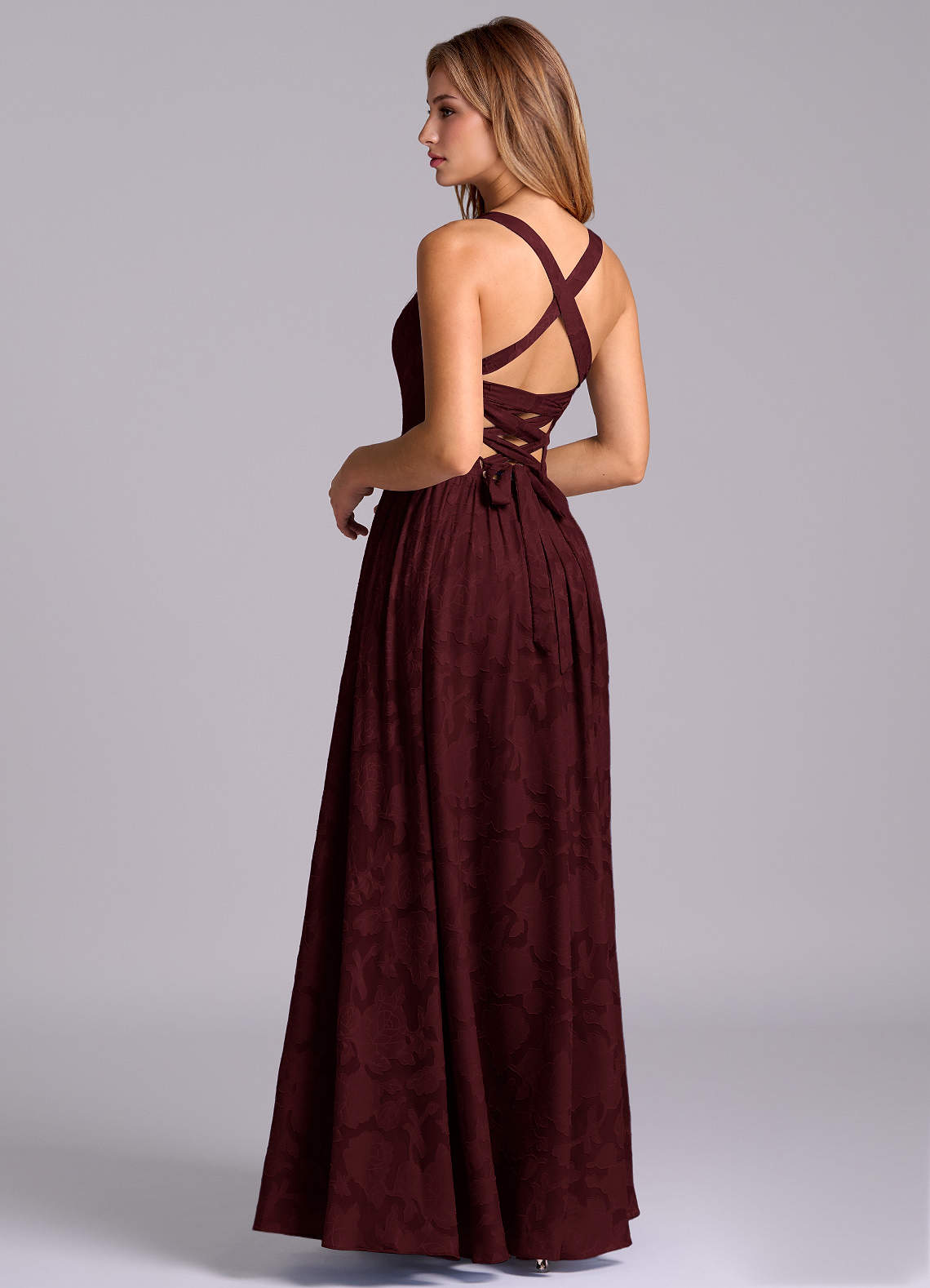 Azazie Francis Brautjungfernkleider A-Linie Korsett Blumen-Burnout Kleid Cabernetrot image1