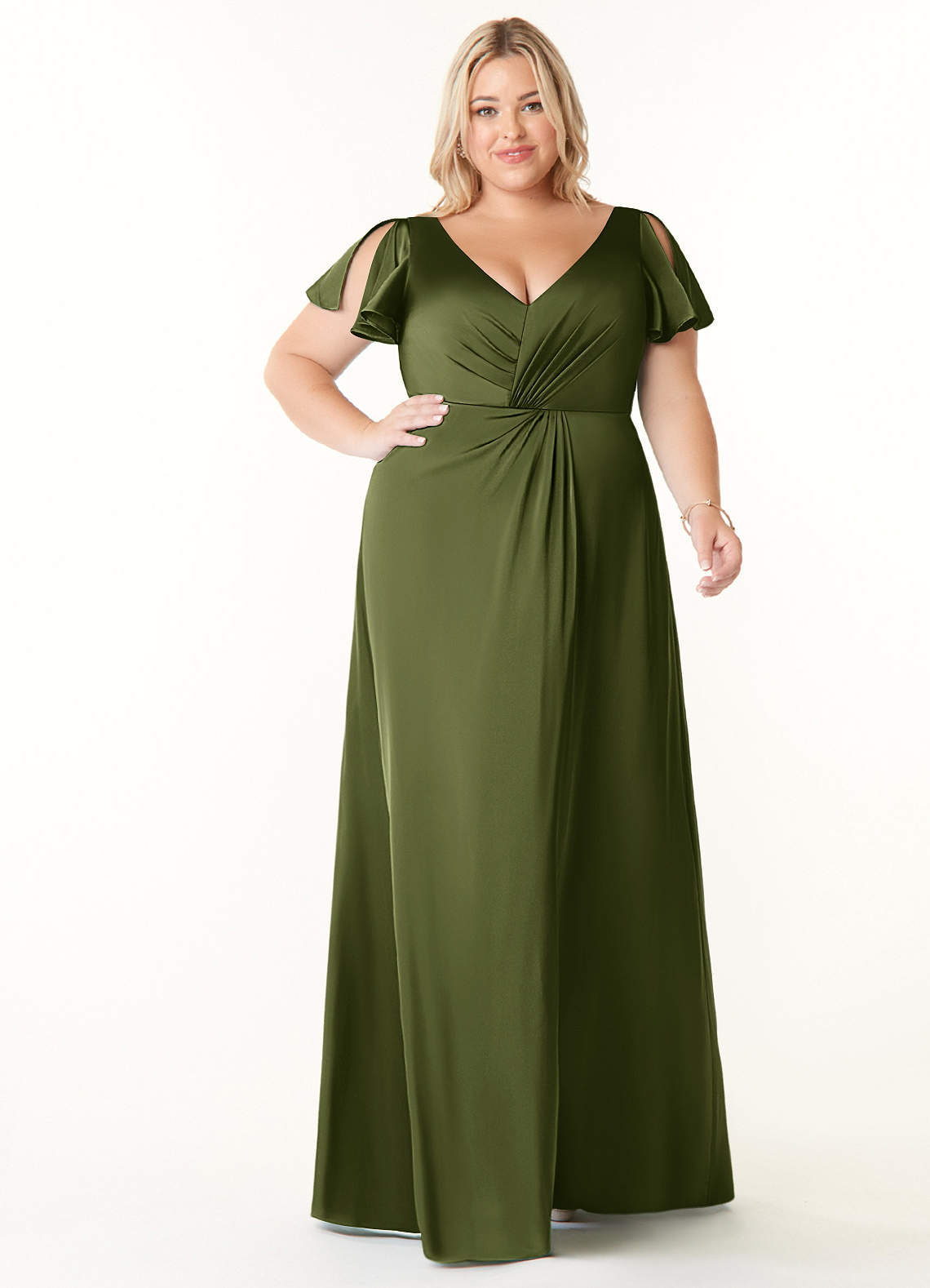 Azazie Soren Bridesmaid Dresses Olive A-Line Pleated Stretch Satin Dress image1