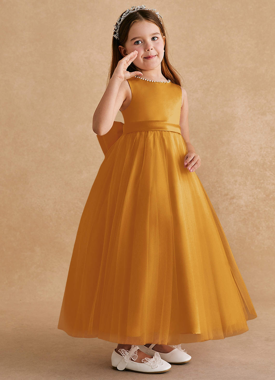 Azazie Cookie Flower Girl Dresses Butterscotch A-Line Bow Tulle Dress image1