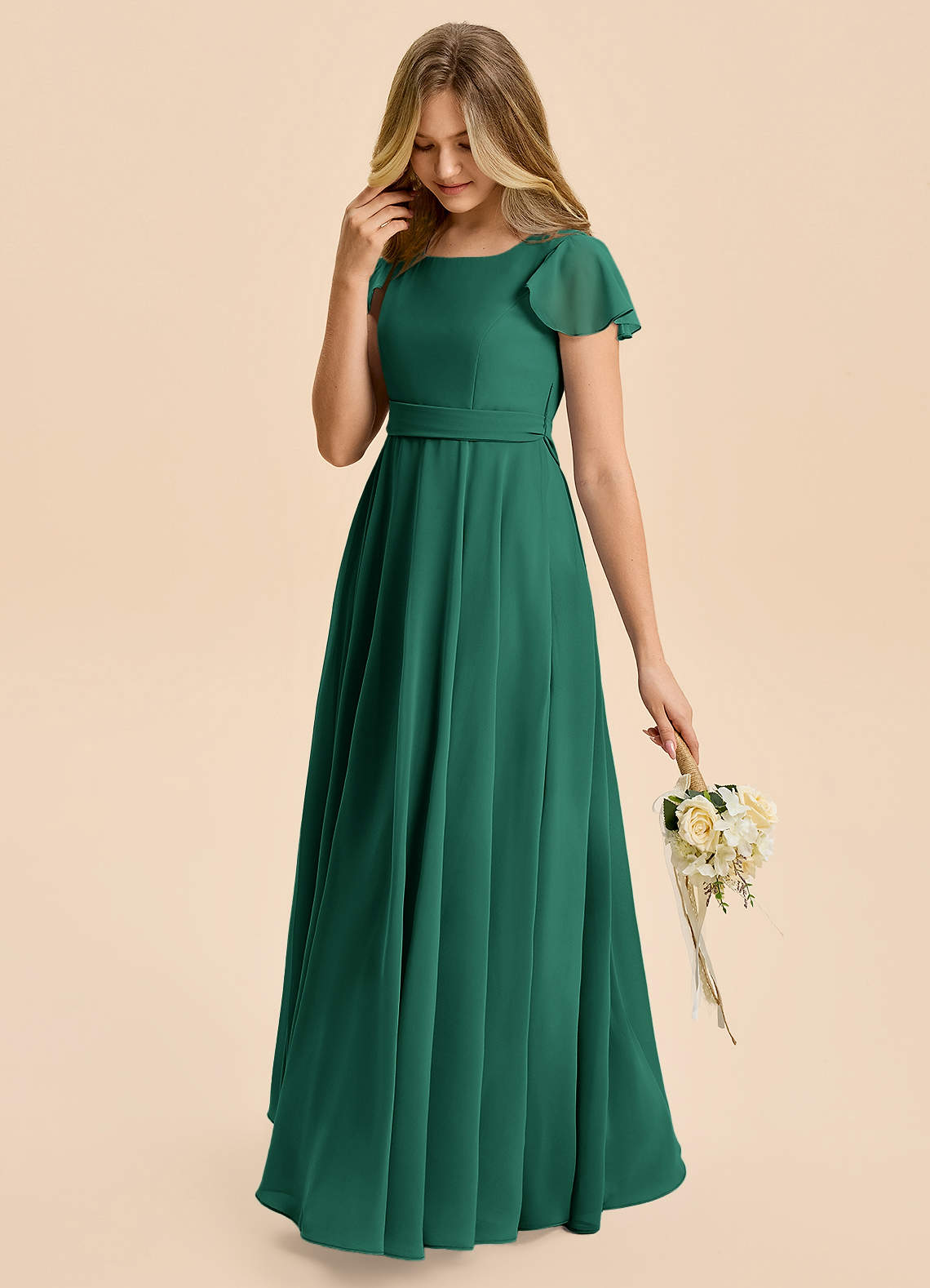 Azazie Cady Junior Emerald A-Line Pleated Chiffon Dress image4