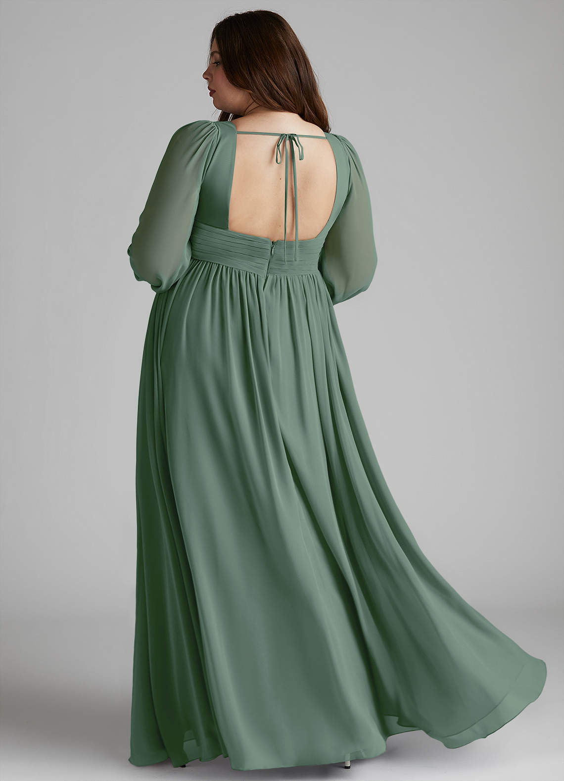 Azazie Norah Bridesmaid Dresses Eucalyptus A-Line V-Neck Long Sleeve Chiffon Dress image6