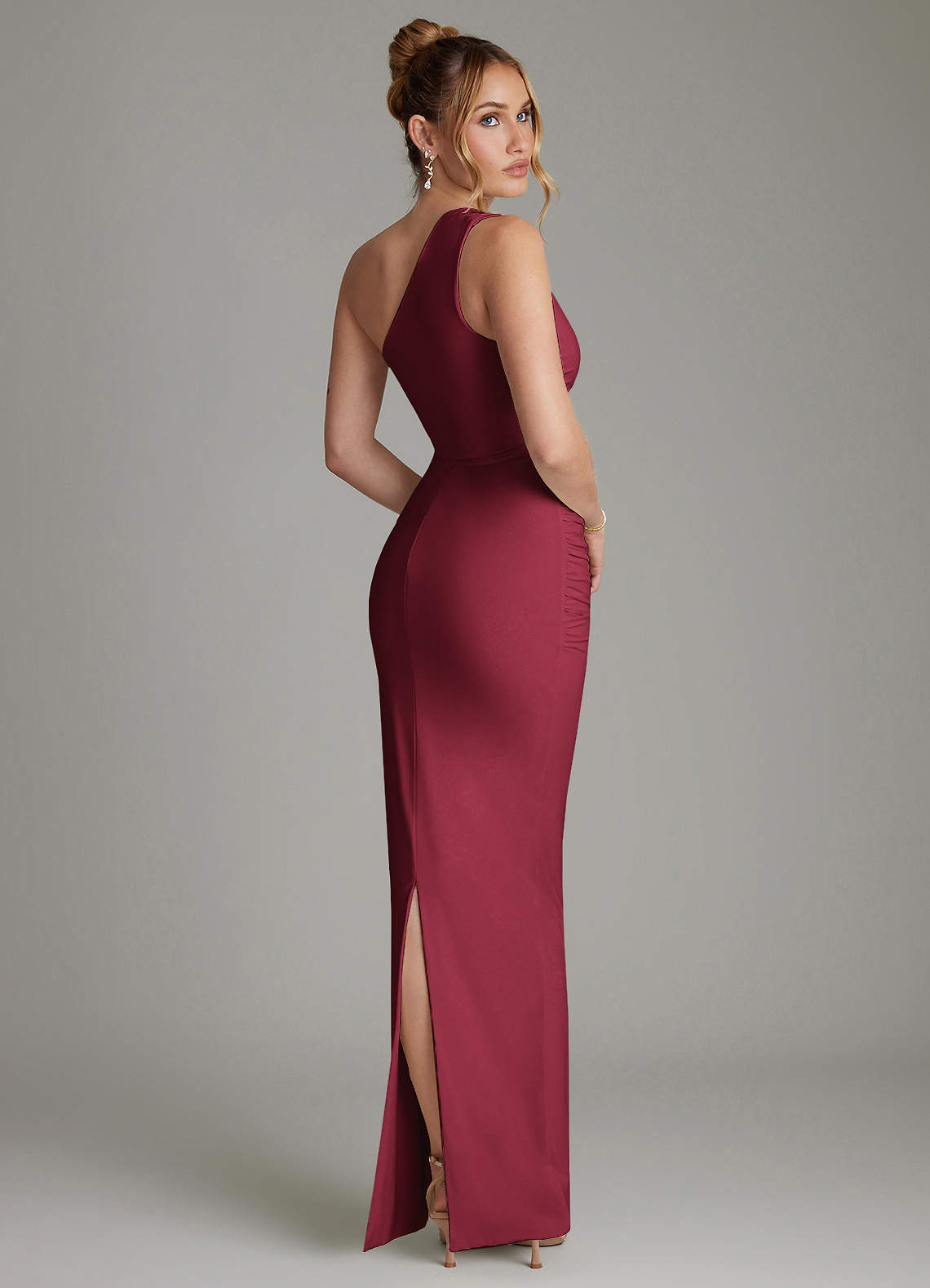 burgundy jersey dress Azazie Sheath One-Shoulder Floor-Length Premium Stretch Bridesmaid Dresses Crafted from a breathable color_Wine Buy Women's Dresses Brown US Size:US12