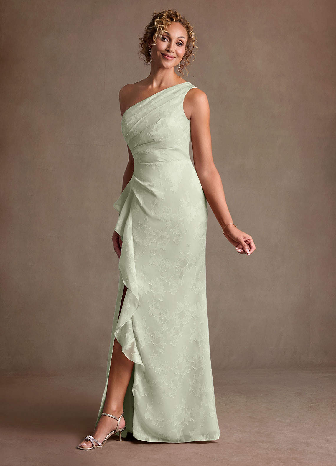 Azazie Galinda Dusty Sage Sheath One Shoulder Floral Jacquard Dress Ready to Ship | Azazie DE Azazie Galinda Dusty Sage Sheath One Shoulder Floral Jacquard Dress Ready to Ship | Azazie DE
