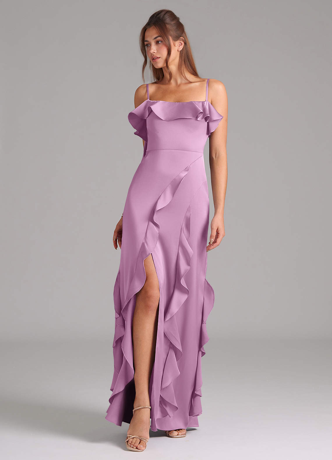 Azazie Malia Bridesmaid Dresses Wisteria A-Line Side Slit Stretch Satin Dress image1