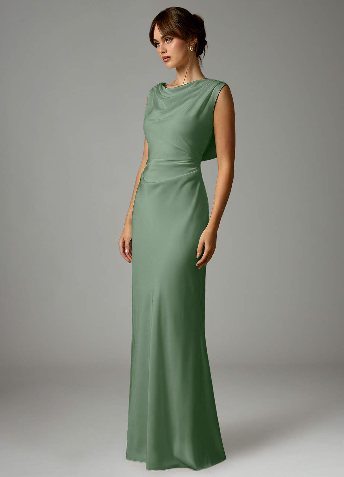 Azazie Kieryn Brautjungfernkleider Meerjungfrau-Linie Plissee Stretch-Satin Kleid Matcha image2