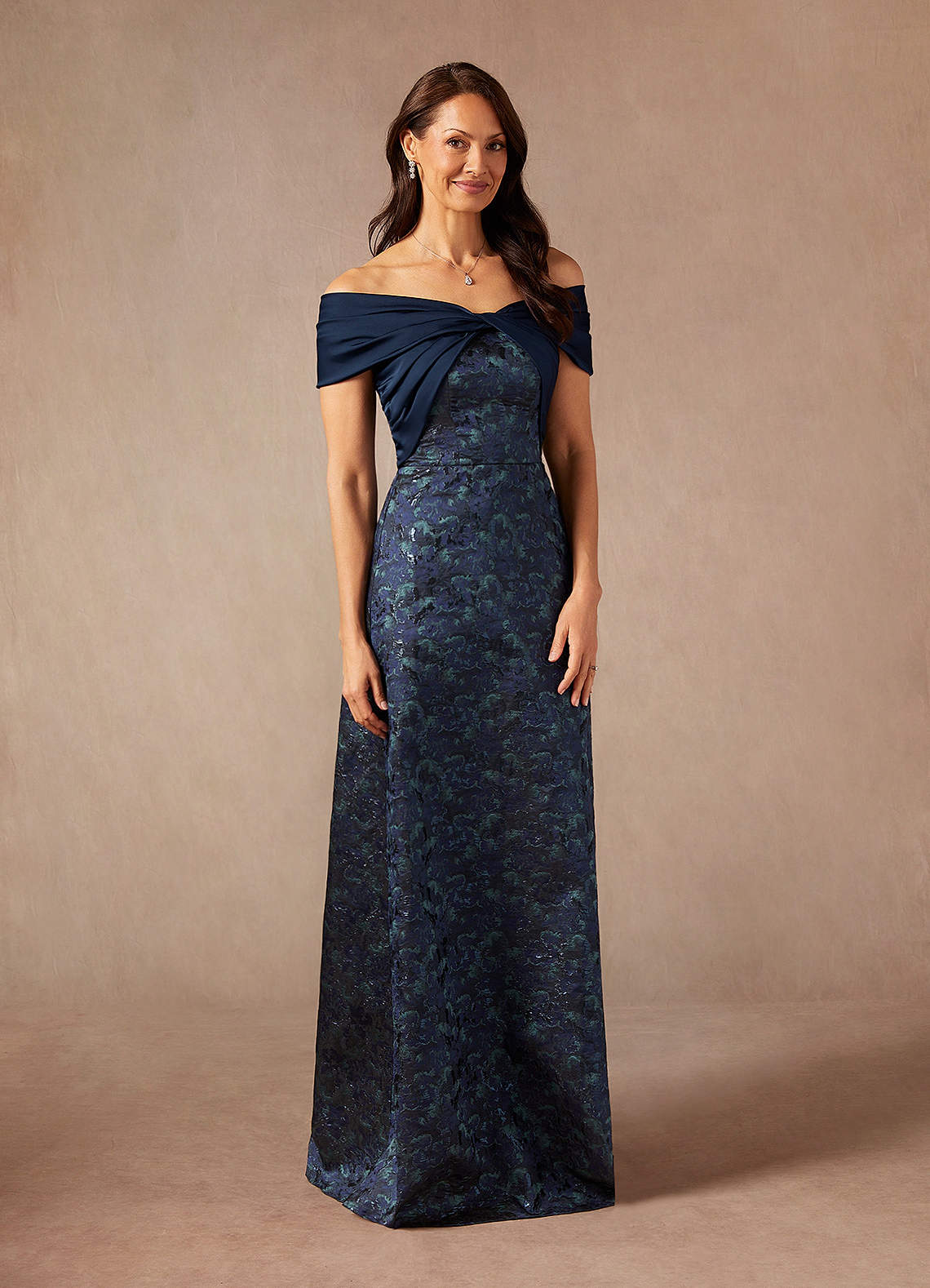 Azazie Amelia Dark Navy A-Line Off the Shoulder Jacquard Dress