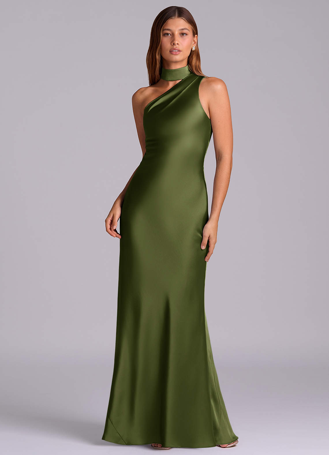 Azazie Seona Bridesmaid Dresses Olive Mermaid One Shoulder Stretch Satin Dress image1