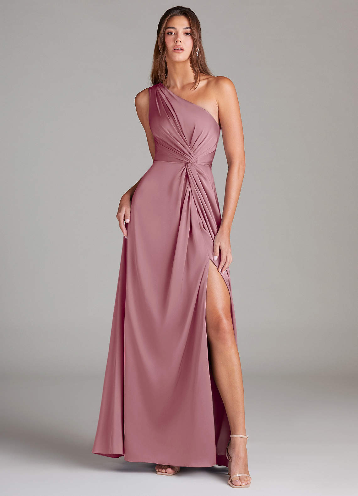 Azazie Brooke Bridesmaid Dresses Vintage Mauve A-Line One Shoulder Stretch Satin Dress image1