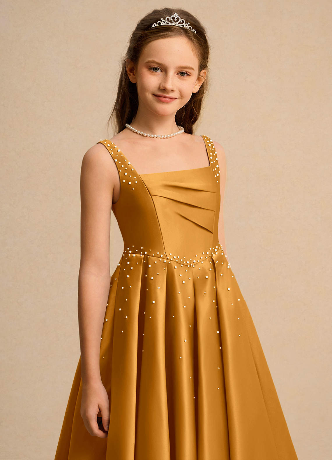 Azazie Mochi Girls Formal Vestidos de florista Vestido Caramelo de Cetim fosco de Vestido de baile com Plissado image6
