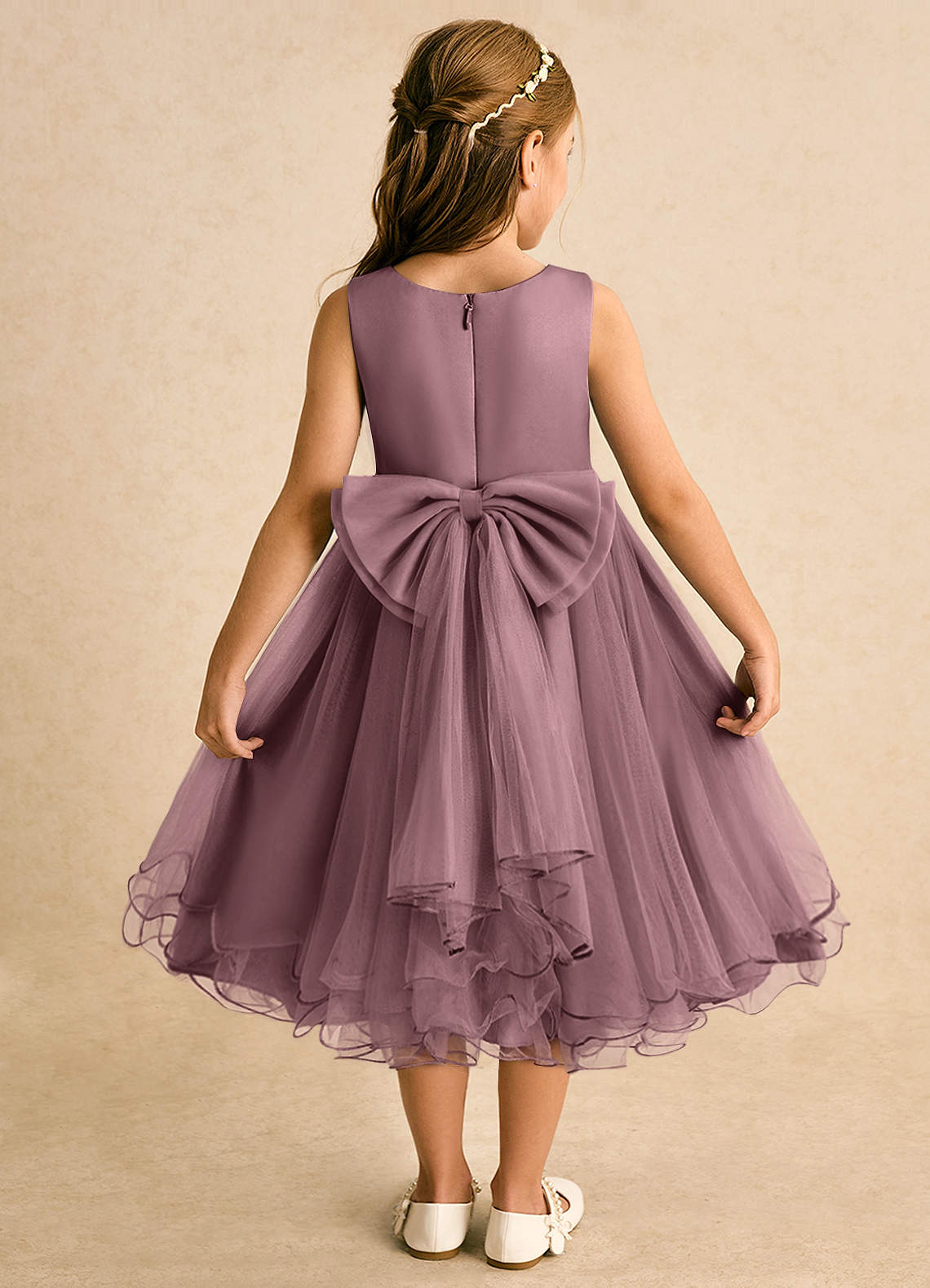 Azazie Lass Flower Girl Dresses Vintage Mauve A-Line Bow Tulle Dress image1