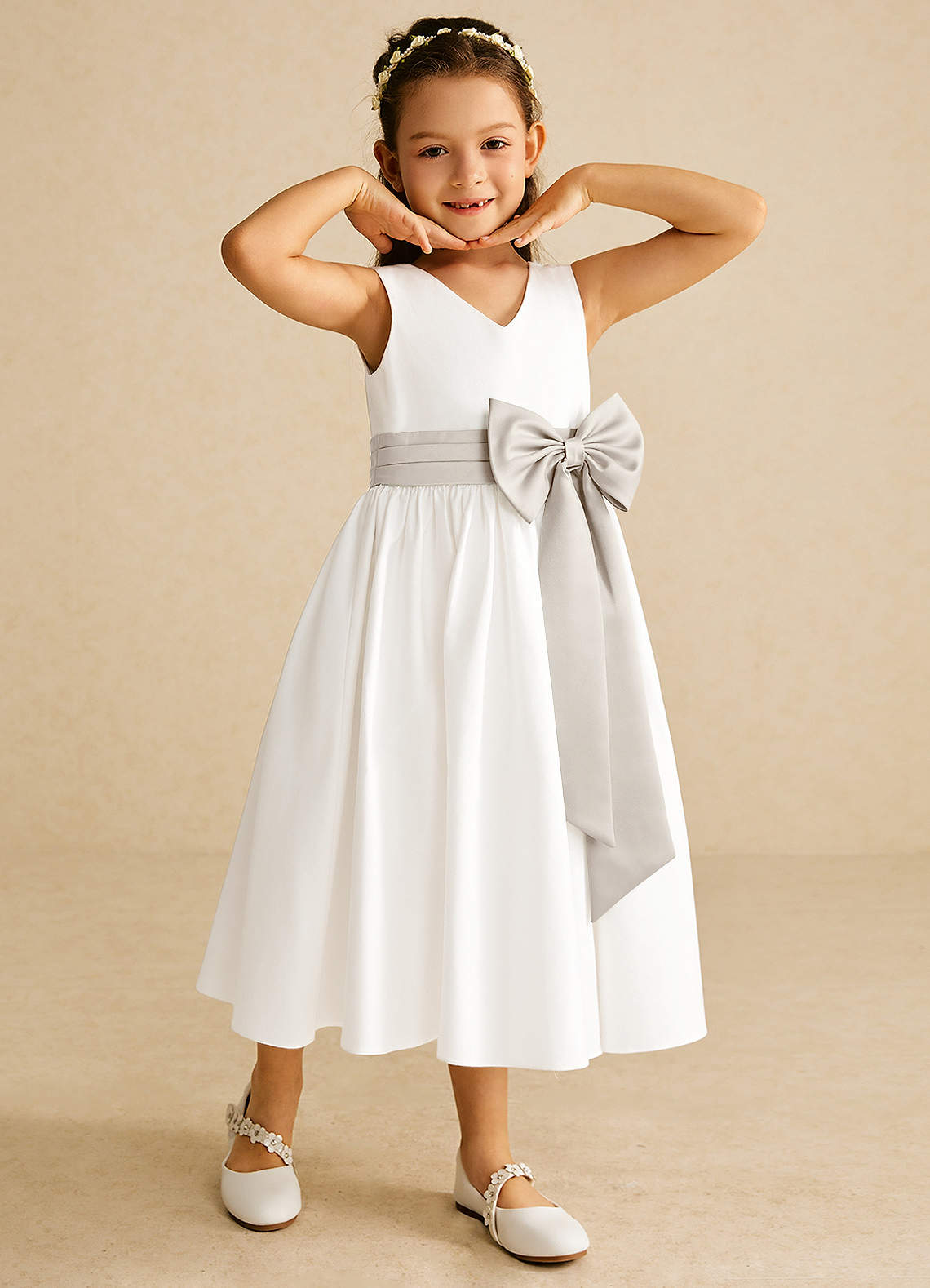 Azazie Darling Flower Girl Dresses Ivory Frost A-Line Bow Cotton Dress image1