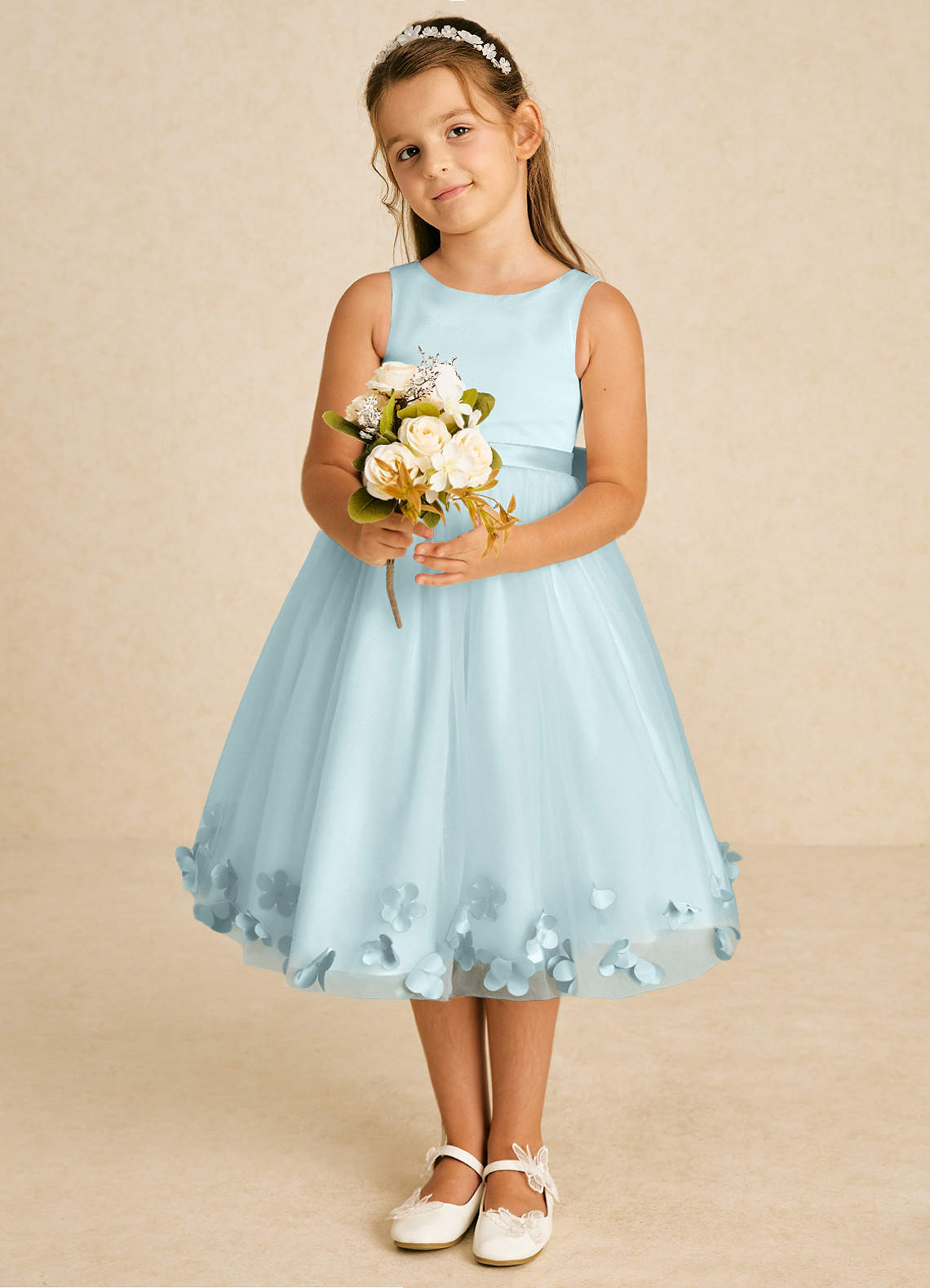 Azazie Dot Blumenmädchenkleider A-Linie Schleifen Tüll Kleid Nebel image1