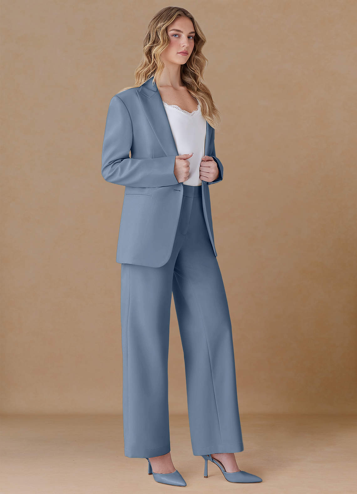 front Amelia Dusty Blue Refined Weave Performance Oversized Blazer