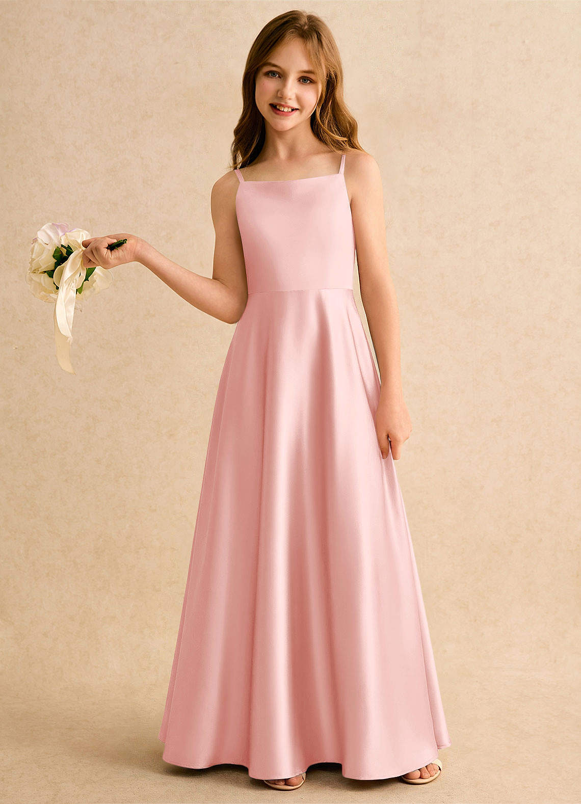 Azazie Joella Girls Formal vestidos de niña de las flores Vestido de Rosa Empolvado de Satén Elástico de Corte en A con Plisado image1