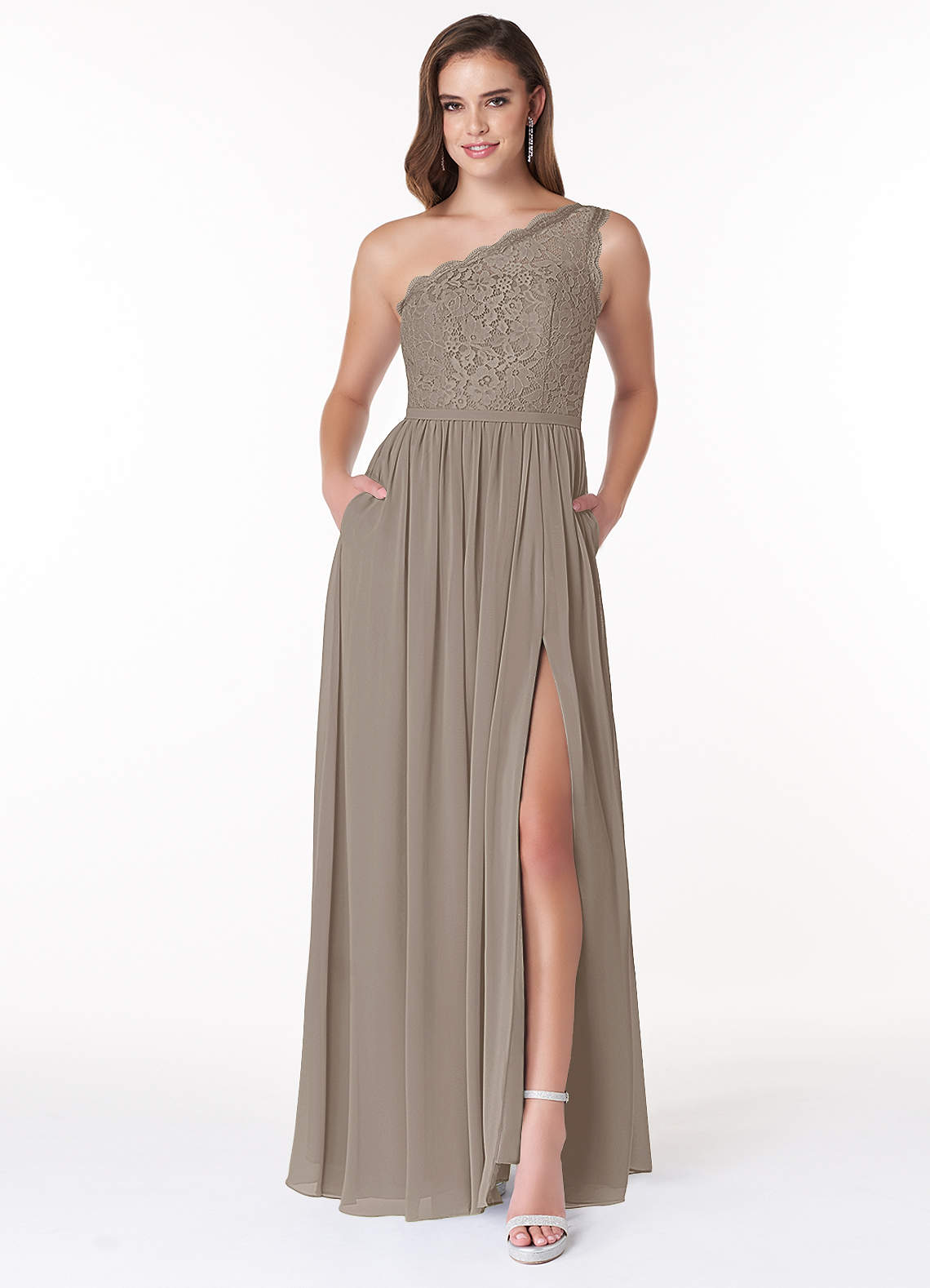 Azazie Demi Bridesmaid Dresses Taupe A-Line One Shoulder Chiffon Dress image1