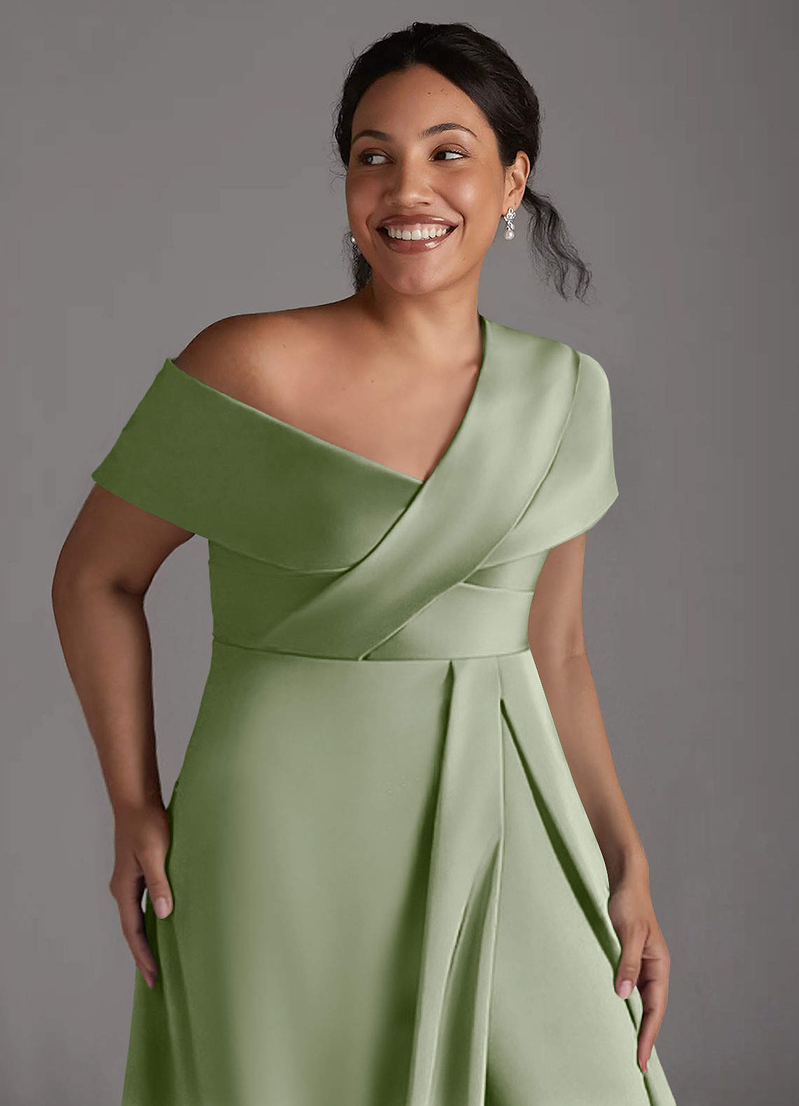 Azazie Milton Mother of the Bride Dresses Dusty Sage A-Line Pleated Stretch Satin Dress image12
