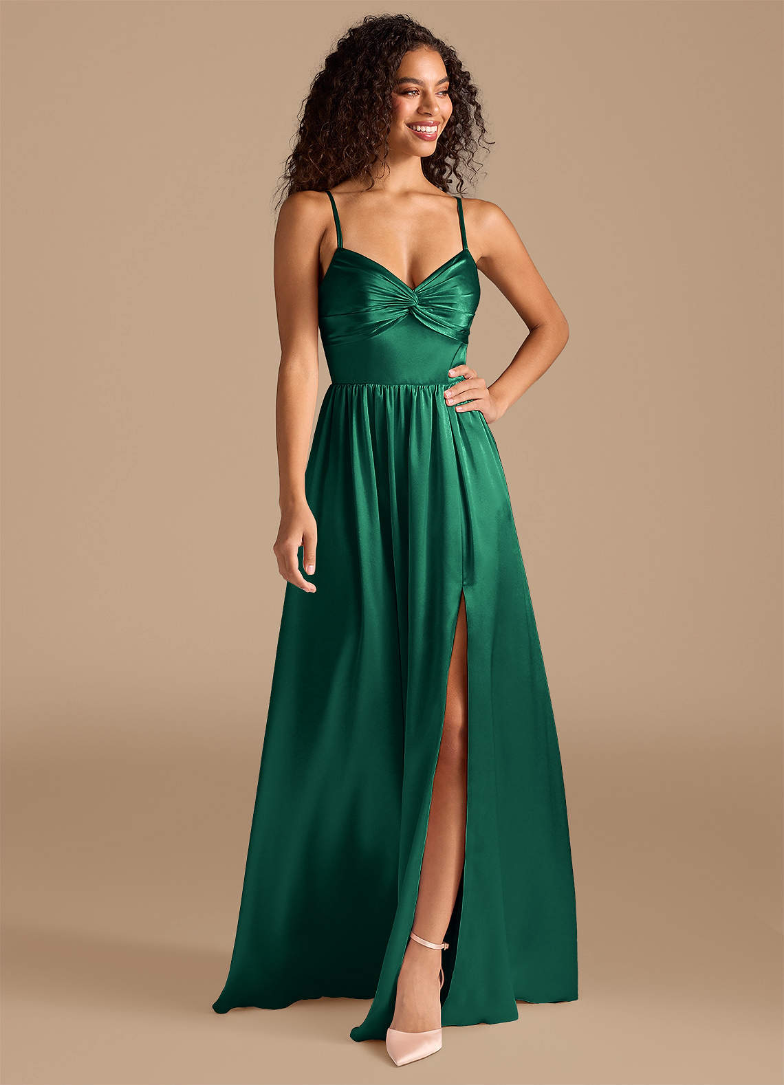 Azazie A-Line V-Neck Floor-Length Metallic Satin Bridesmaid Dresses Emerald