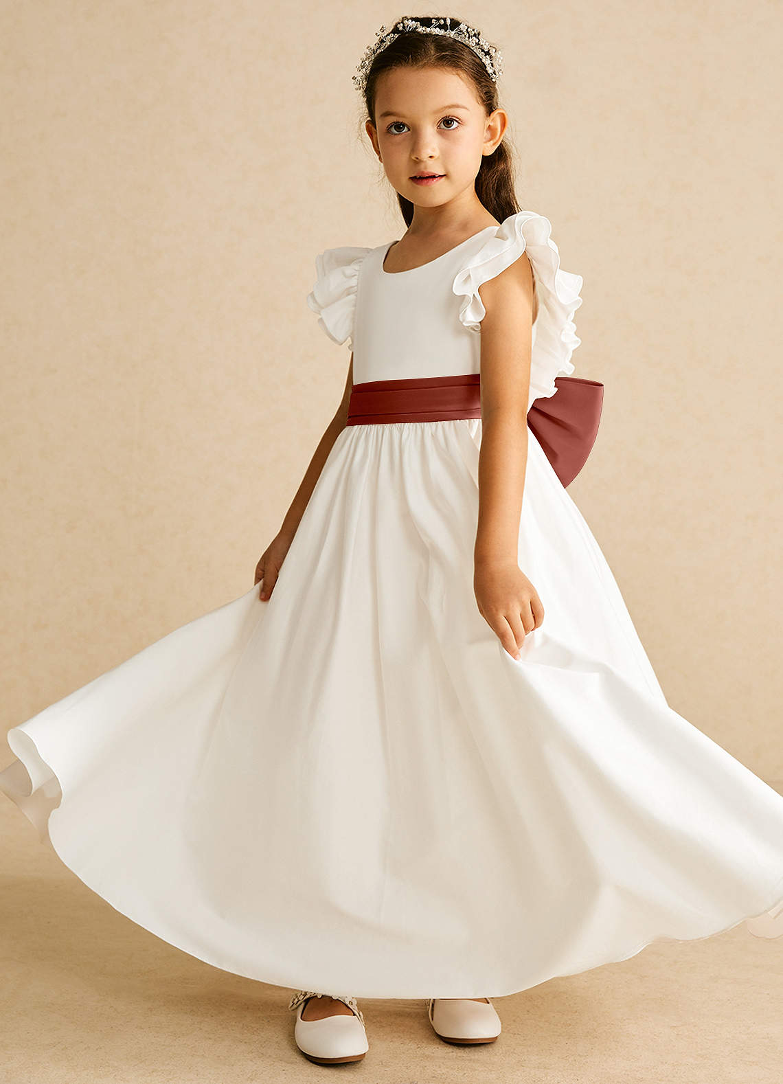 Azazie Aero Robe Demoiselle D'honneur Fillette Robe Trapèze en Coton Plissée Ivoire Auburn image1
