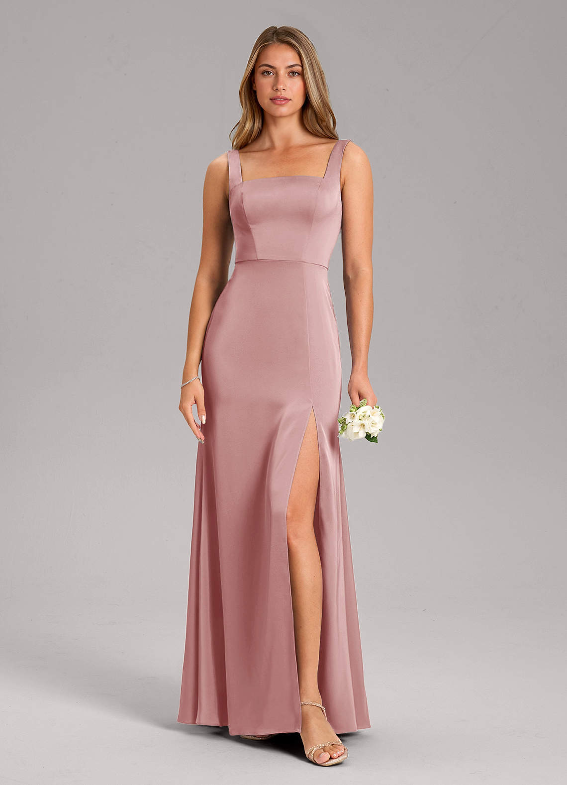 Azazie Frostine Vestidos de madrinha de casamento Vestido Rosa Empoeirada de Cetim elástico de Linha A com Arco image8