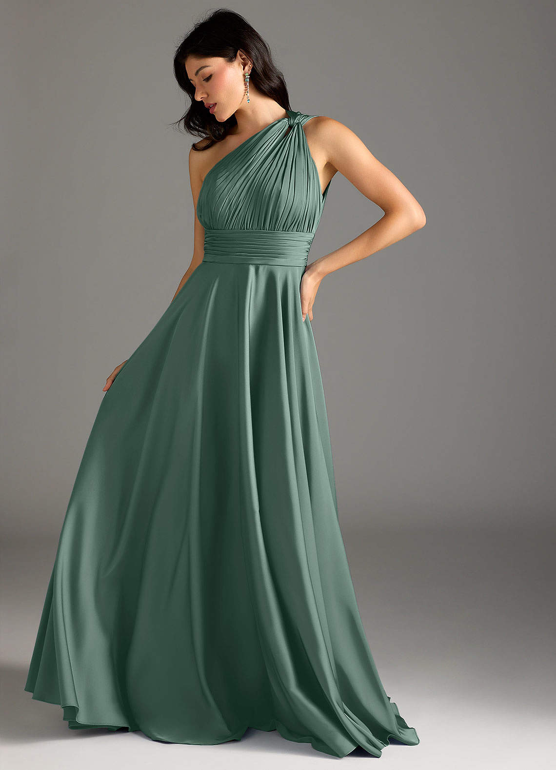 Azazie Charlize Bridesmaid Dresses Eucalyptus A-Line One Shoulder Stretch Satin Dress image4