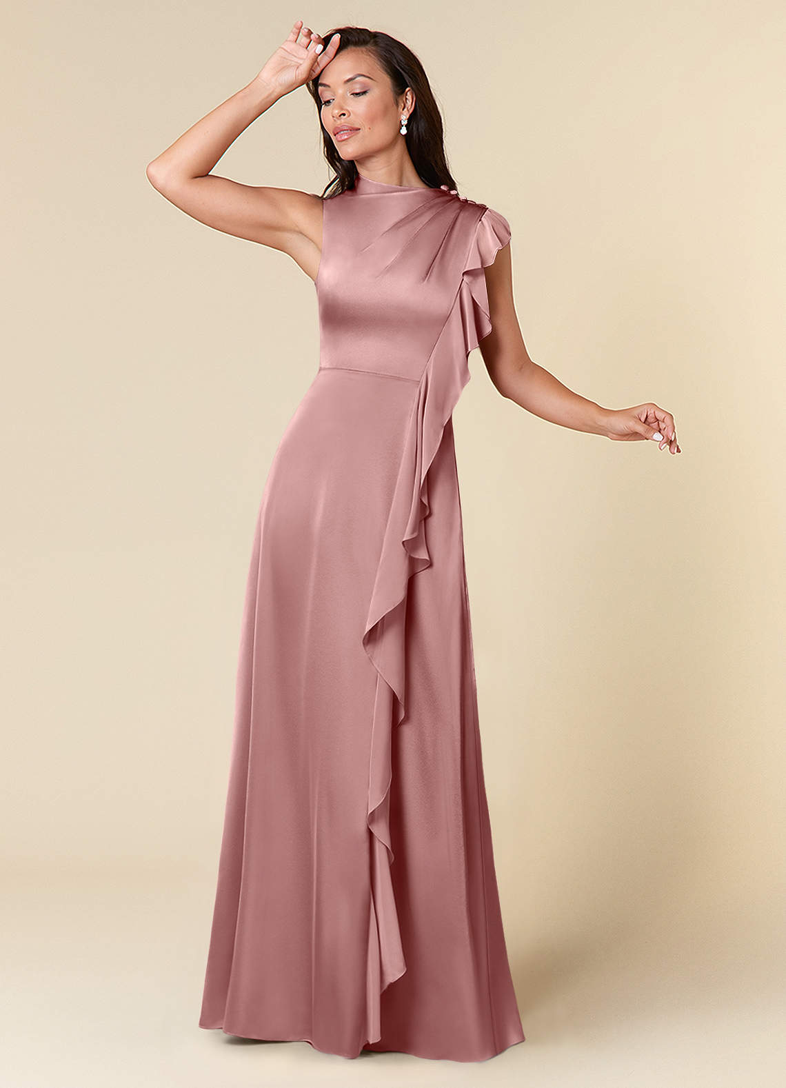 Azazie Narine vestidos de madre de la novia Vestido de Rosa Polvorienta de Satén Elástico de Corte En A con Escote alto plisado image1