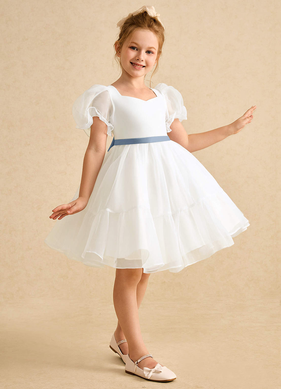 Azazie Debbie Abiti da Ragazza di Fiori Abito Principessa in Organza Scollo a Cuore Avorio Blu Polvere image3