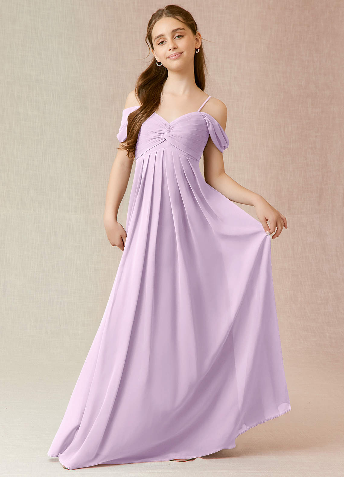 Azazie Kaitlynn Junior Robe Trapèze en Mousseline de soie Épaule décolletée Frostiges Flieder image1