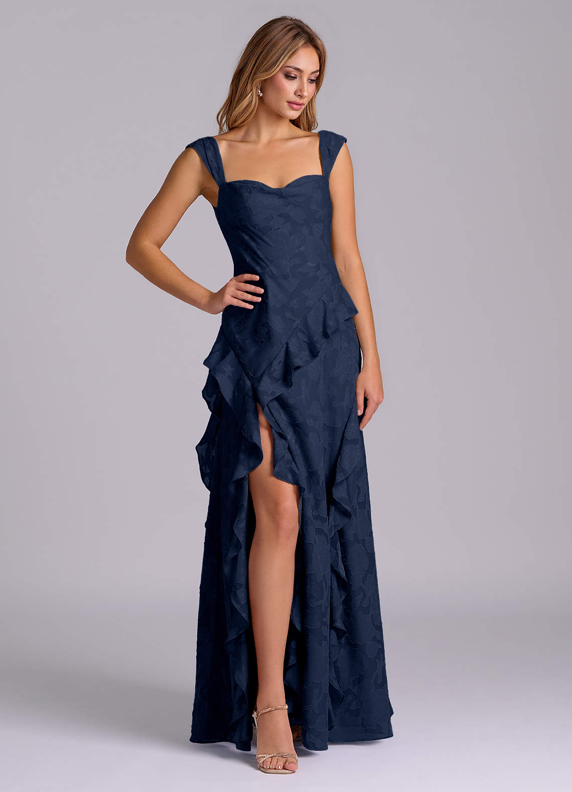 Azazie Sloane At-home Try On Dresses Dark Navy A-Line Sweetheart Neckline Floral Burnout Dress image3