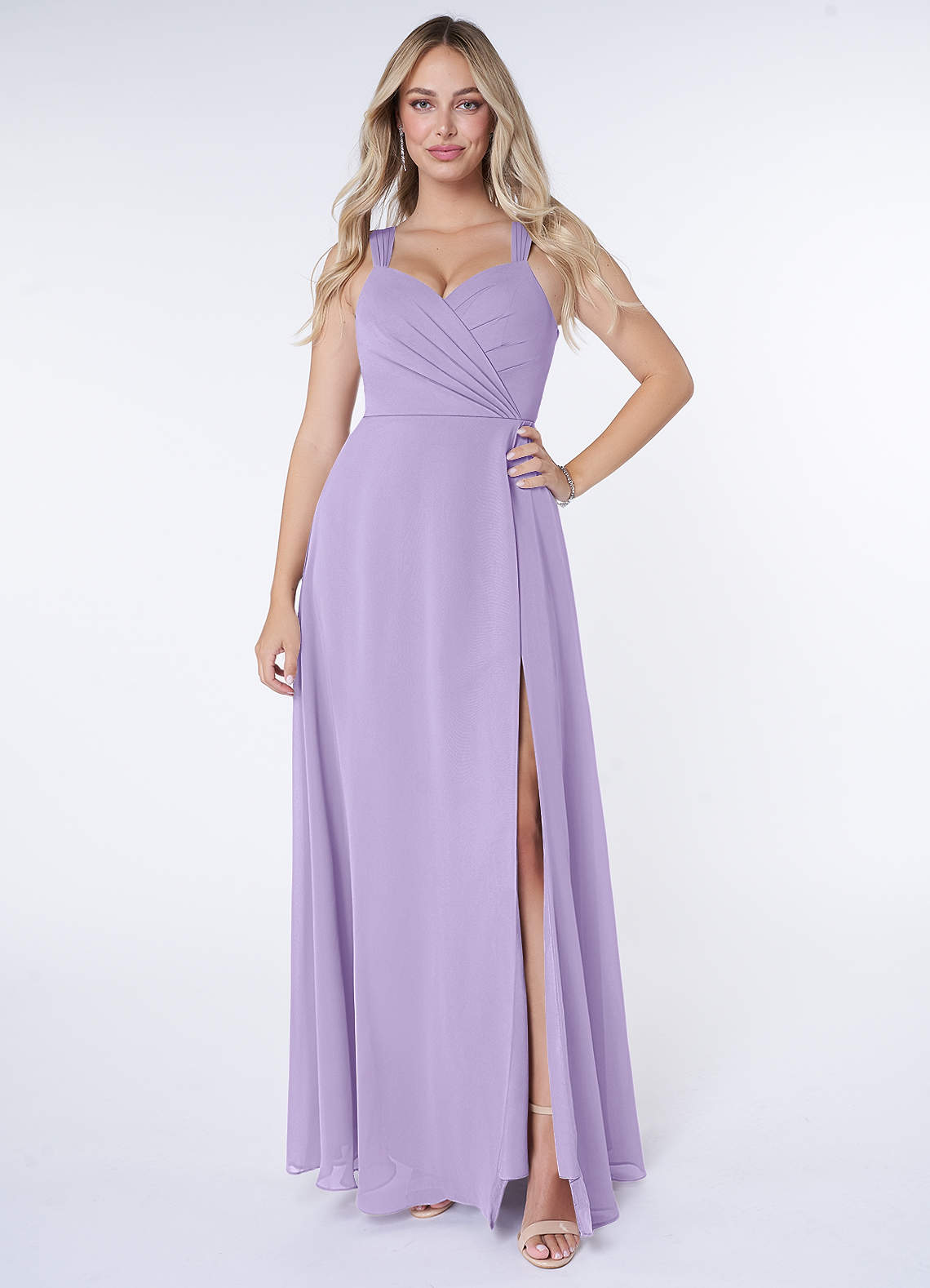 Azazie Nahrin At-home Try On Dresses Matcha A-Line V-Neck Pleated Chiffon Dress image1