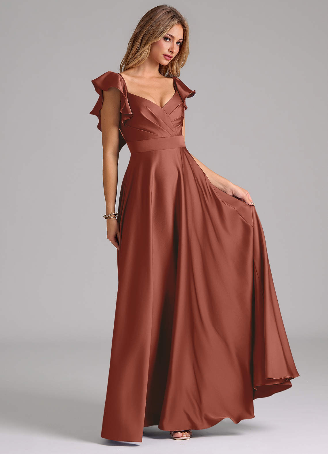 Azazie Leilani Bridesmaid Dresses Auburn A-Line Ruched Stretch Satin Dress image3
