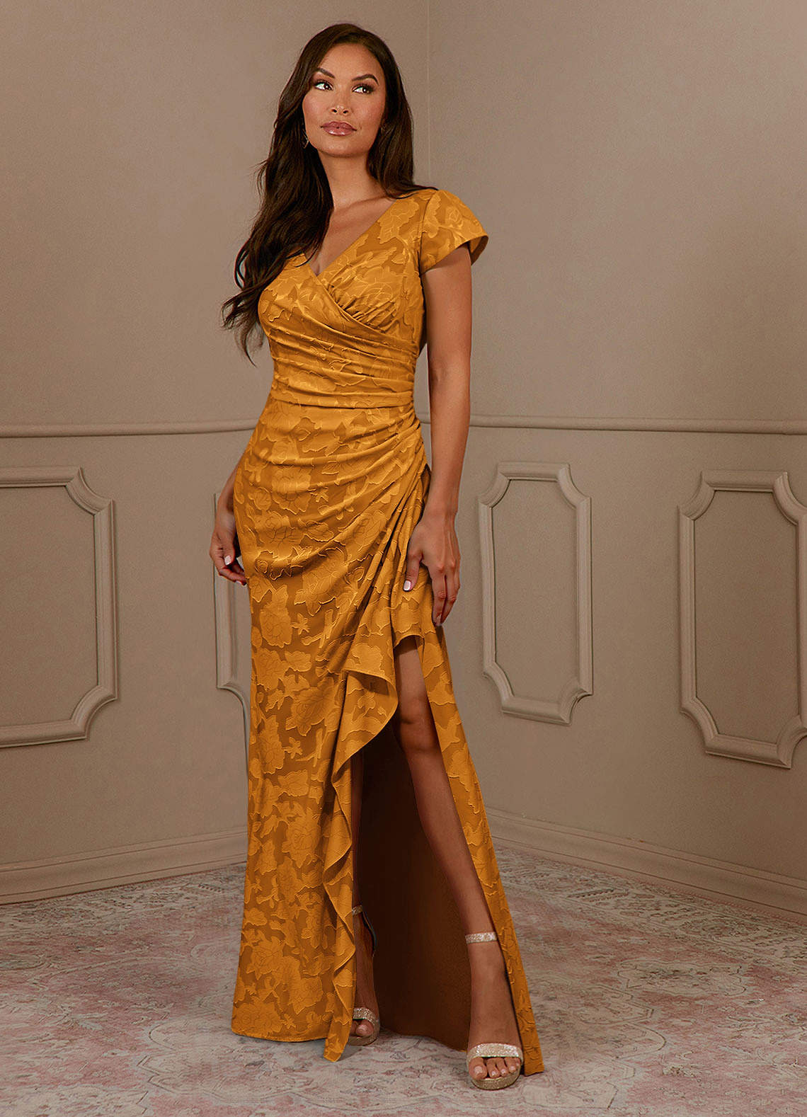 Azazie Roya Mother of the Bride Dresses Butterscotch Mermaid Ruched Floral Burnout Dress image1