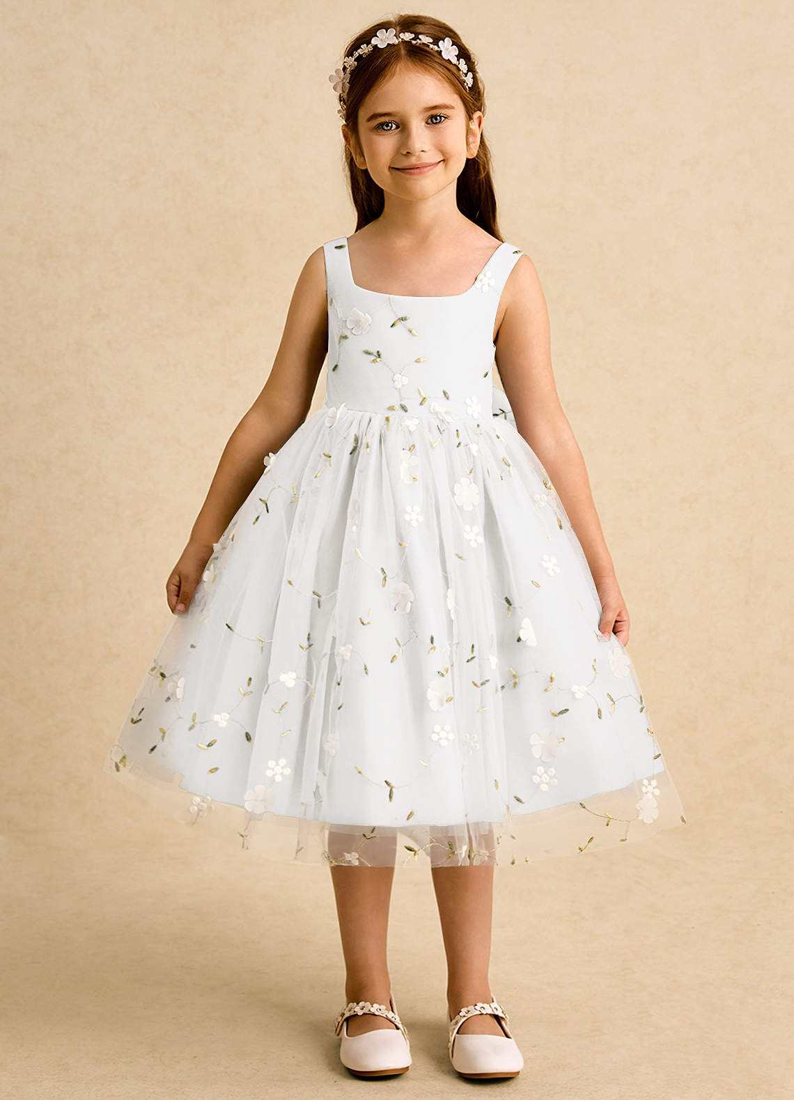 Azazie Bean Robe Demoiselle D'honneur Fillette Robe Princesse en Tulle Sans manches Ivoire image1