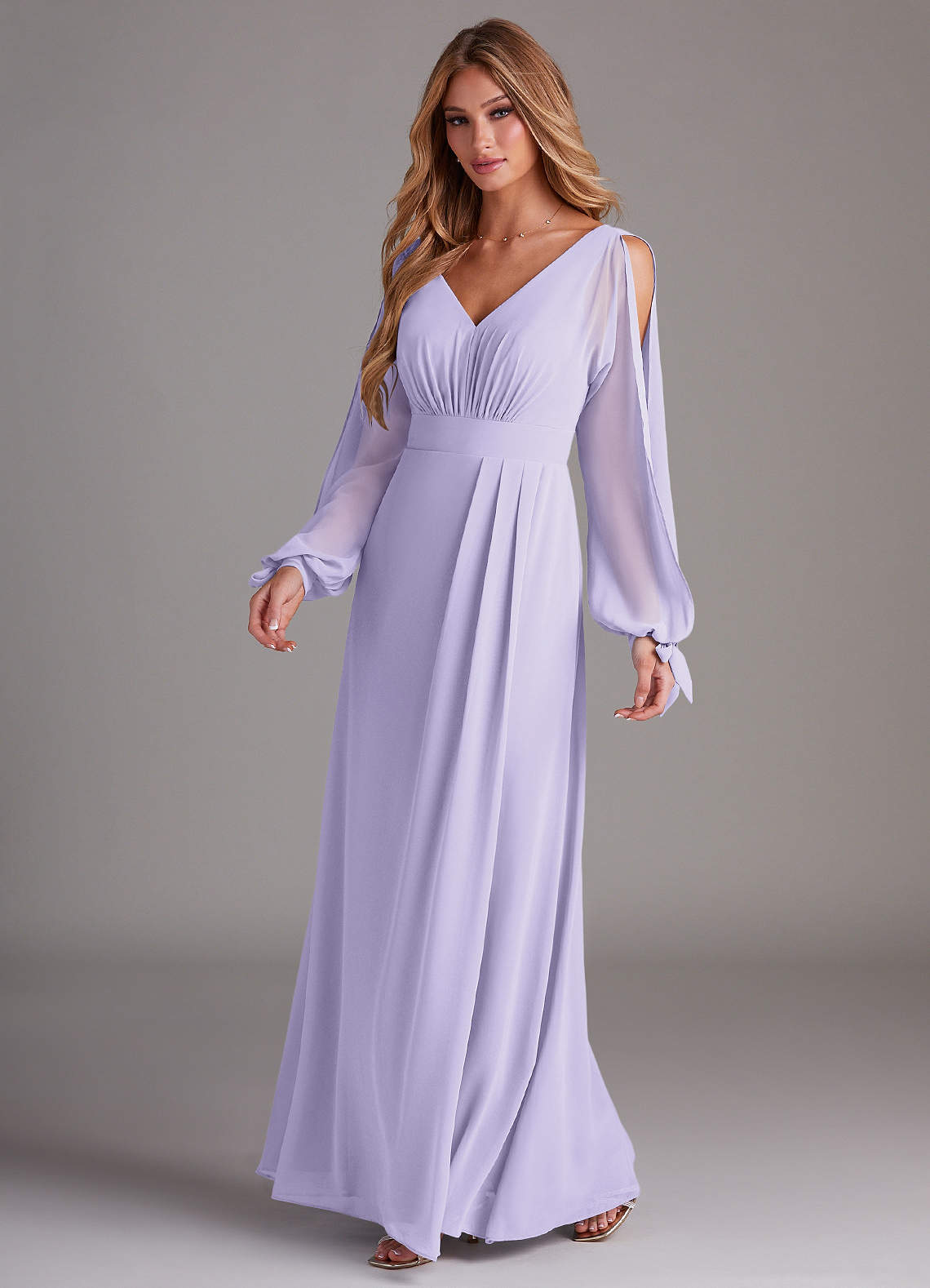 Azazie Matilda Robes de demoiselle d'honneur Robe Trapèze en Mousseline de soie Manche longue Lilas image1