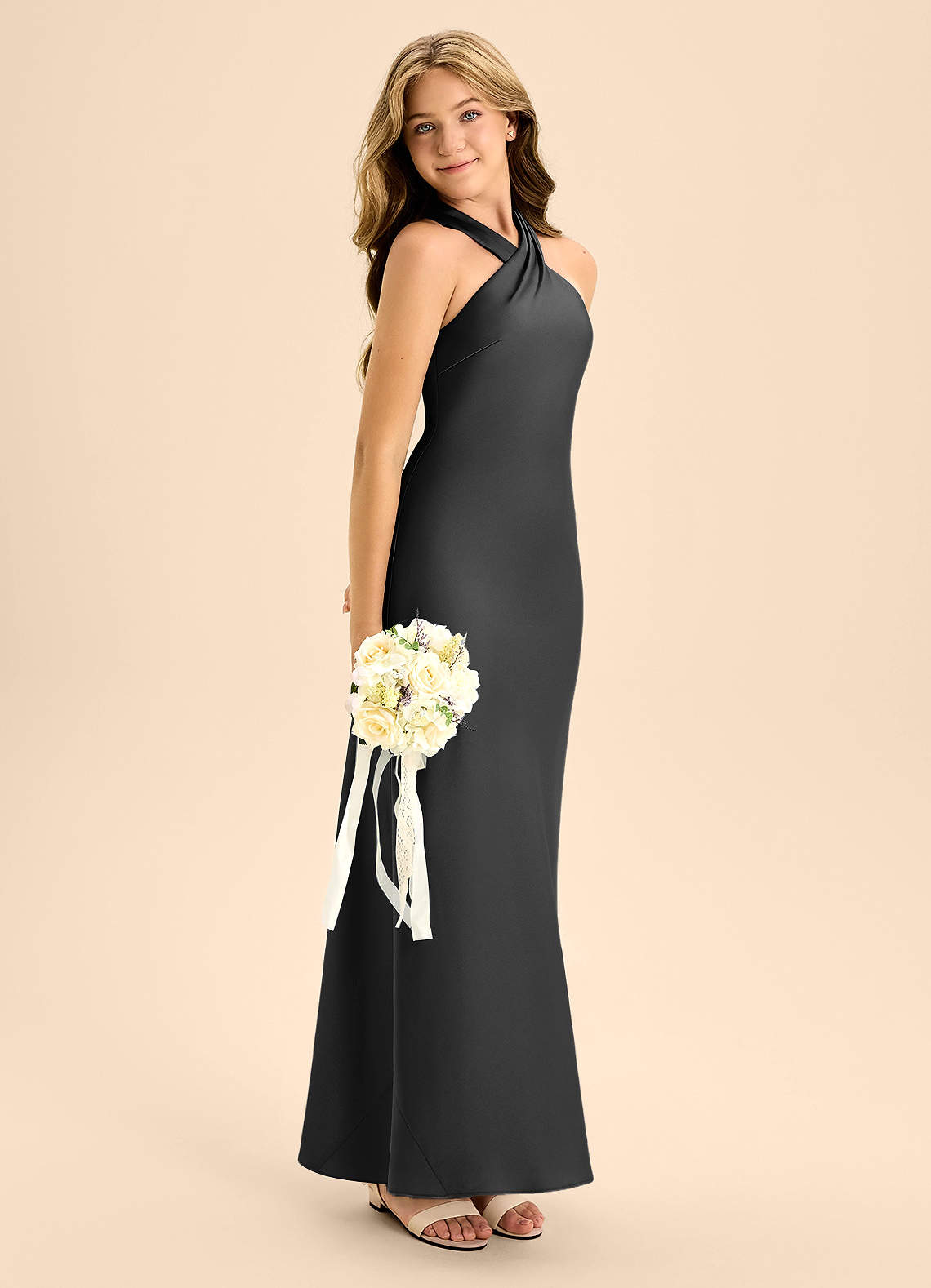 Azazie Doretta Junior Black A-Line Pleated Stretch Satin Dress image6