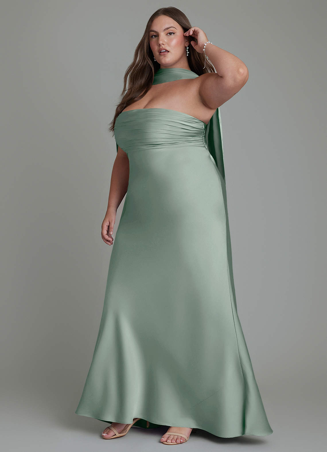 Azazie Saylor At-home Try On Dresses Agave Mermaid Strapless Stretch Satin Dress image15