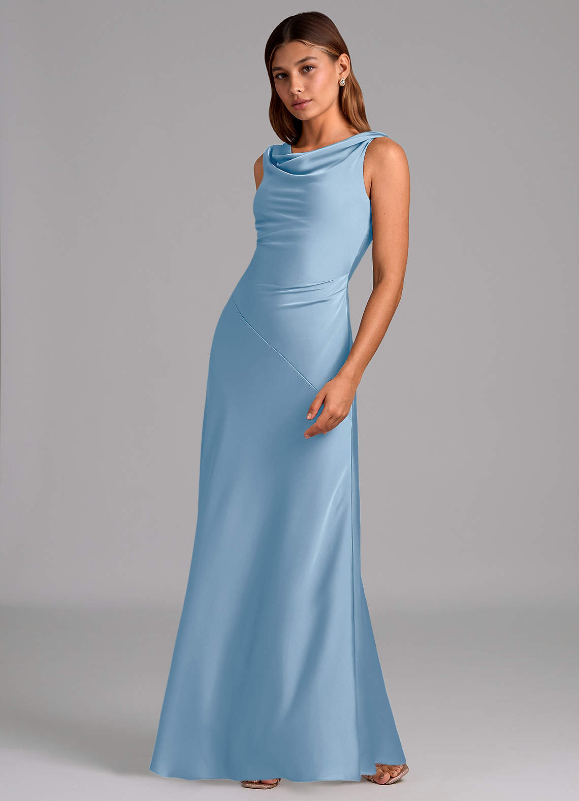 Azazie Nerine Bridesmaid Dresses Powder Blue A-Line Pleated Stretch Satin Dress image3