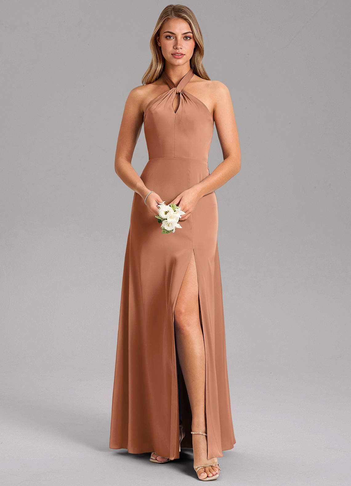 Azazie Tracie At-home Try On Dresses Bronzer A-Line Side Slit Stretch Satin Dress image1