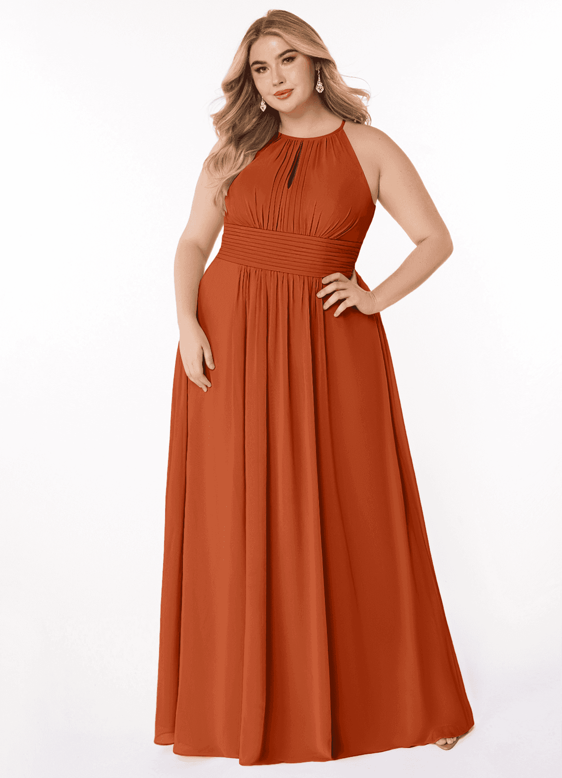 Azazie Bonnie Bridesmaid Dresses Burnt Orange A-Line Keyhole Ruched Chiffon Dress image1